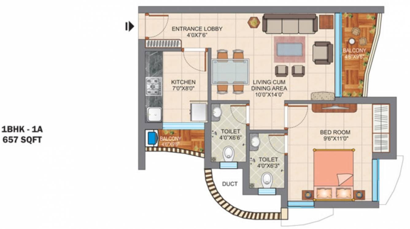 Floor plan of 1 BHK 657 Sq. Ft. Apartment in Tanvi Eminence, Thane