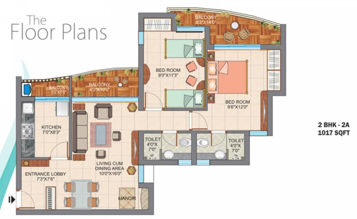 Floor plan of 2 BHK 1017 Sq. Ft. Apartment in Tanvi Eminence, Thane
