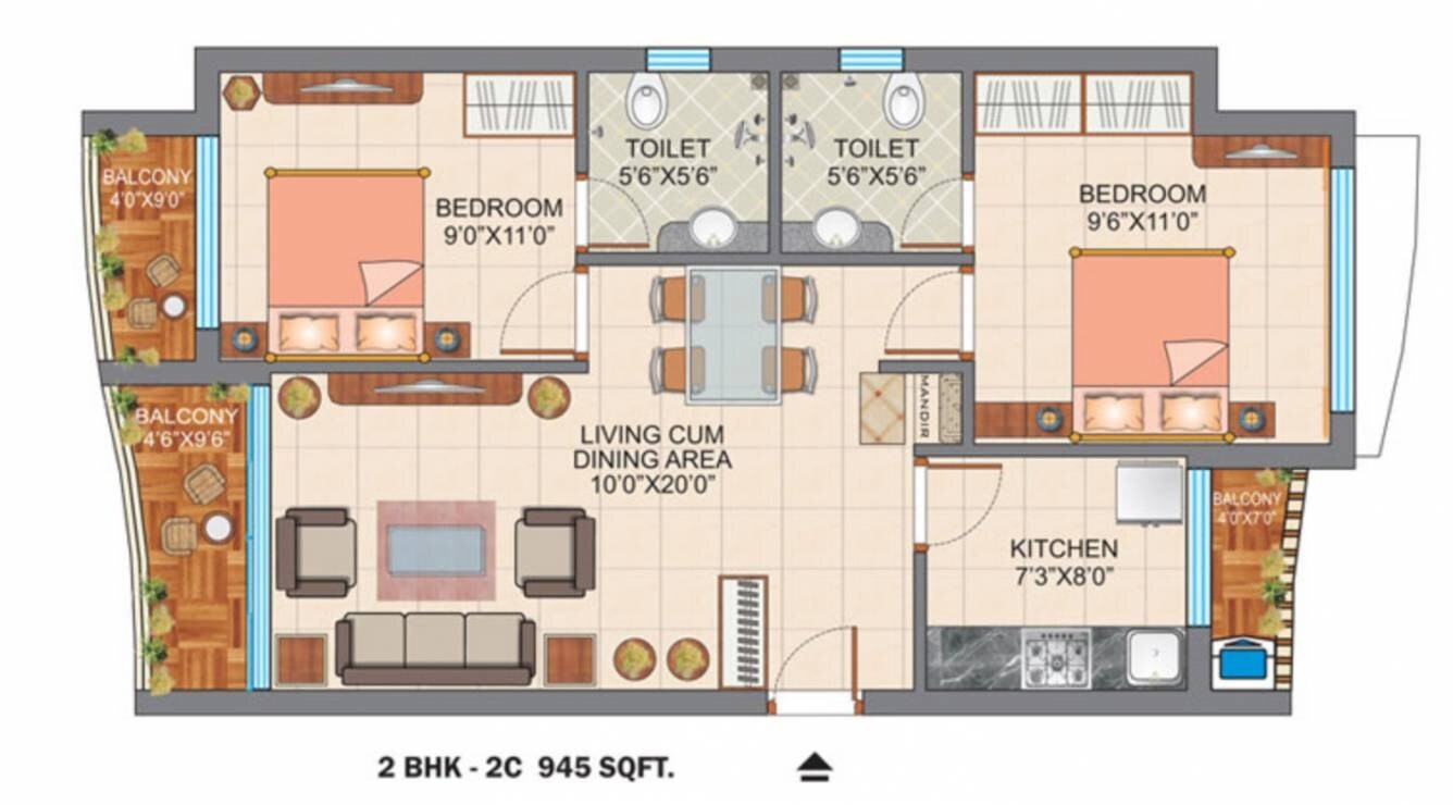 Floor plan of 2 BHK 945 Sq. Ft. Apartment in Tanvi Eminence, Thane