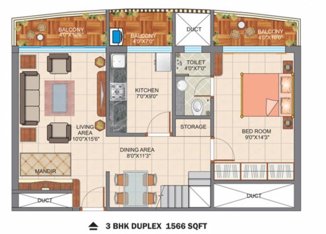 Floor plan of 3 BHK 1566 Sq. Ft. Apartment in Tanvi Eminence, Thane