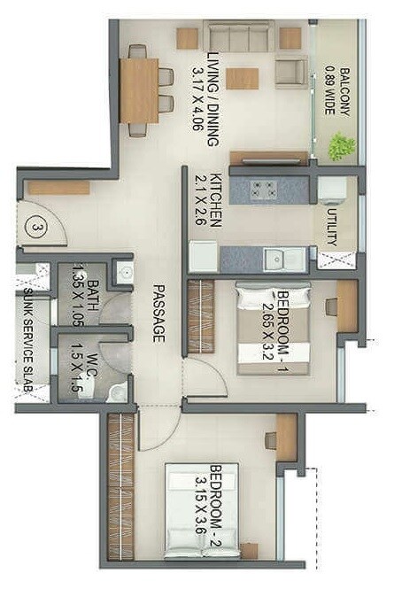 Floor plan of 2 BHK 579 Sq. Ft. Apartment in Tata Amantra, Thane