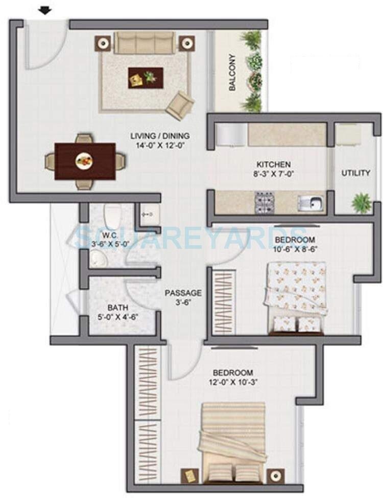 Floor plan of 2 BHK 612 Sq. Ft. Apartment in Tata Amantra, Thane