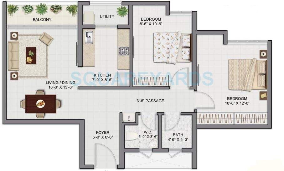 Floor plan of 2 BHK 666 Sq. Ft. Apartment in Tata Amantra, Thane