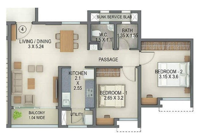 Floor plan of 2 BHK 695 Sq. Ft. Apartment in Tata Amantra, Thane