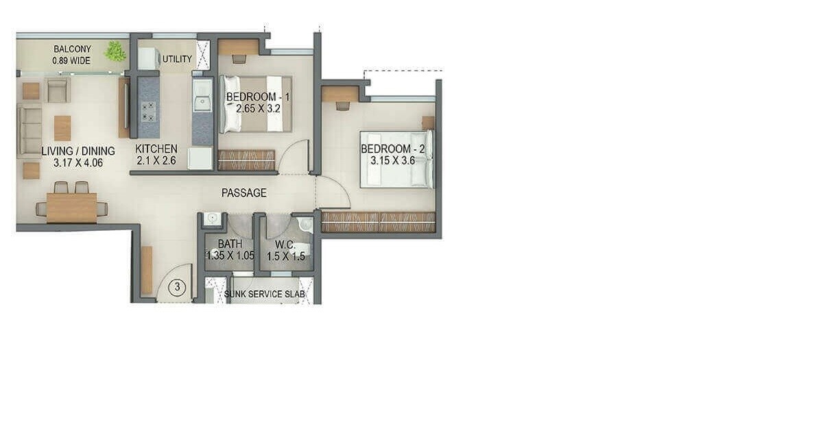 Floor plan of 2 BHK 709 Sq. Ft. Apartment in Tata Amantra, Thane