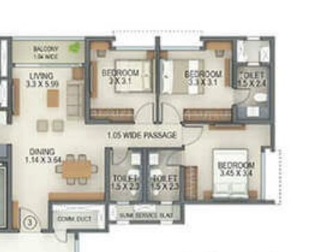 Floor plan of 3 BHK 1008 Sq. Ft. Apartment in Tata Amantra, Thane