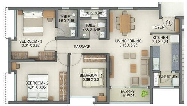 Floor plan of 3 BHK 828 Sq. Ft. Apartment in Tata Amantra, Thane