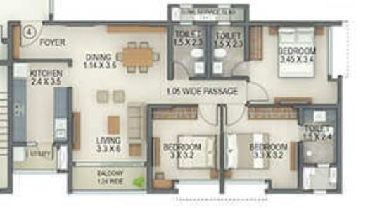 Floor plan of 3 BHK 982 Sq. Ft. Apartment in Tata Amantra, Thane