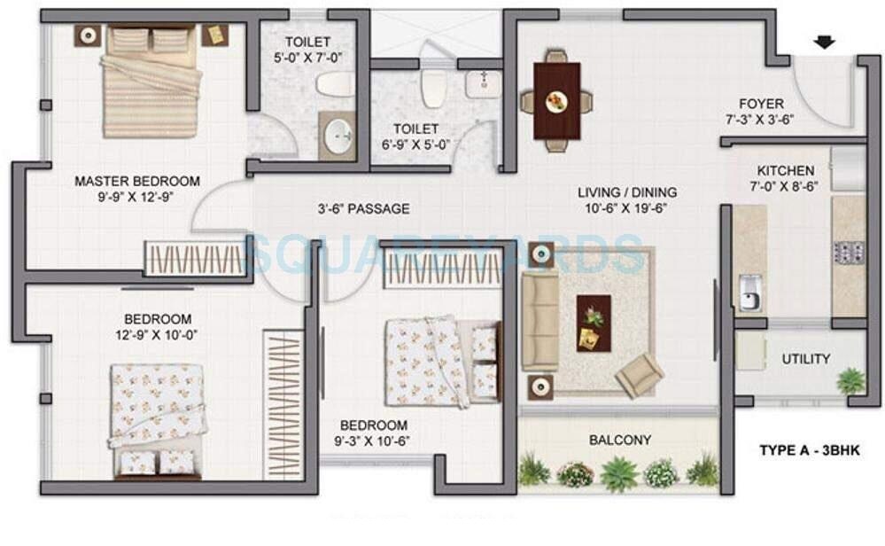 Floor plan of 3 BHK 985 Sq. Ft. Apartment in Tata Amantra, Thane