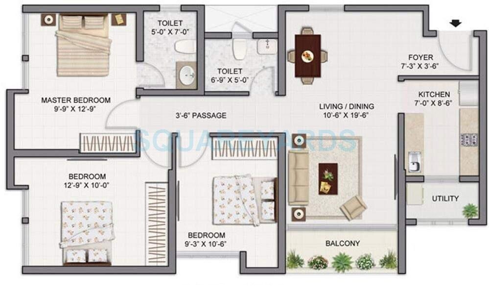 Floor plan of 3 BHK 987 Sq. Ft. Apartment in Tata Amantra, Thane