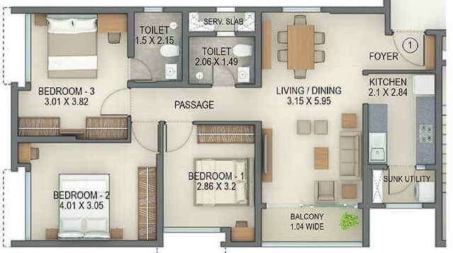 Floor plan of 3 BHK 999 Sq. Ft. Apartment in Tata Amantra, Thane