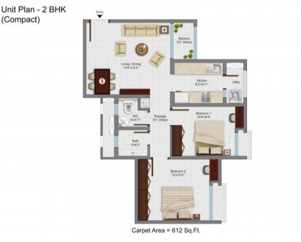 Floor plan of 2 BHK 612 Sq. Ft. Apartment in Tata Avaha, Thane