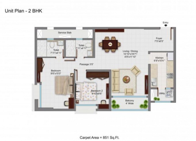 Floor plan of 2 BHK 851 Sq. Ft. Apartment in Tata Avaha, Thane
