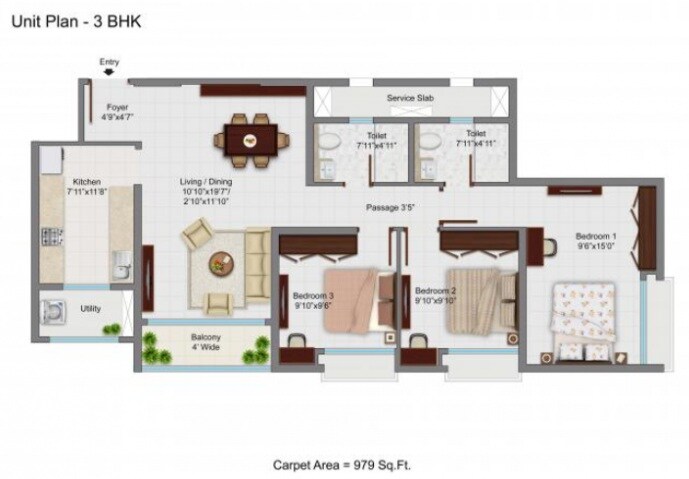 Floor plan of 3 BHK 979 Sq. Ft. Apartment in Tata Avaha, Thane