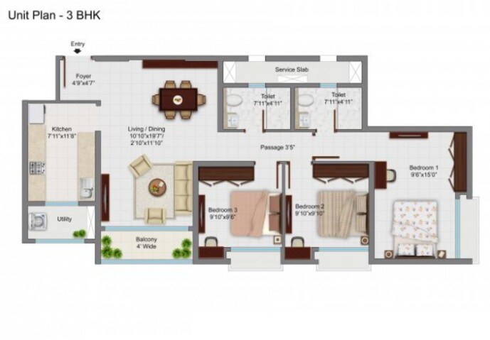 Floor plan of 3 BHK 981 Sq. Ft. Apartment in Tata Avaha, Thane