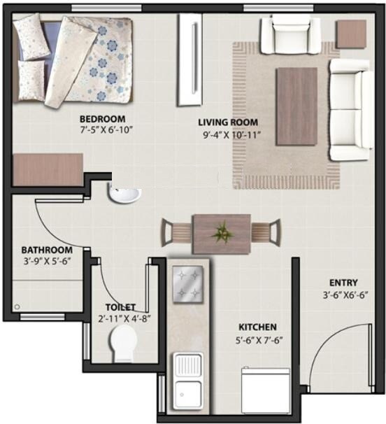 Floor plan of 1 BHK 589 Sq. Ft. Apartment in Tata Shubh Griha, Thane