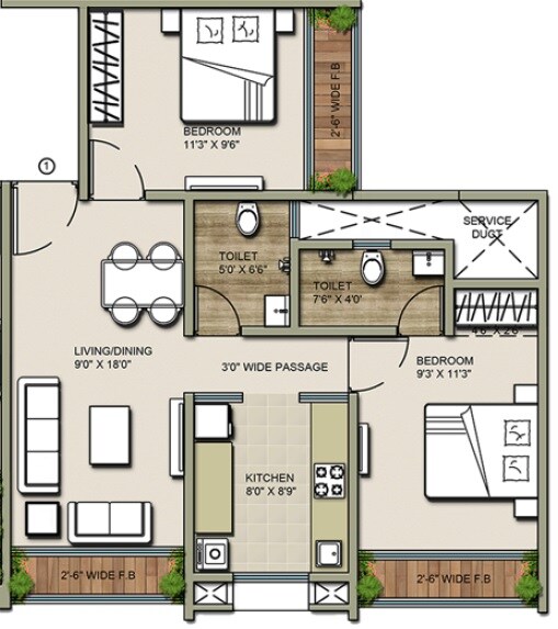 Floor plan of 2 BHK 453 Sq. Ft. Apartment in TCJ Arya And Ira, Thane