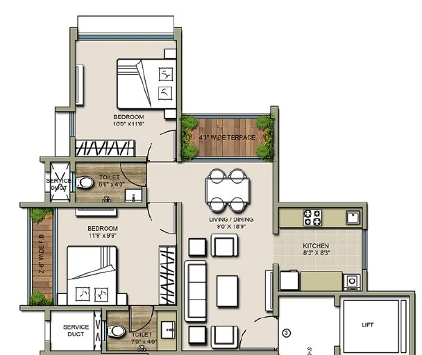 Floor plan of 2 BHK 477 Sq. Ft. Apartment in TCJ Arya And Ira, Thane