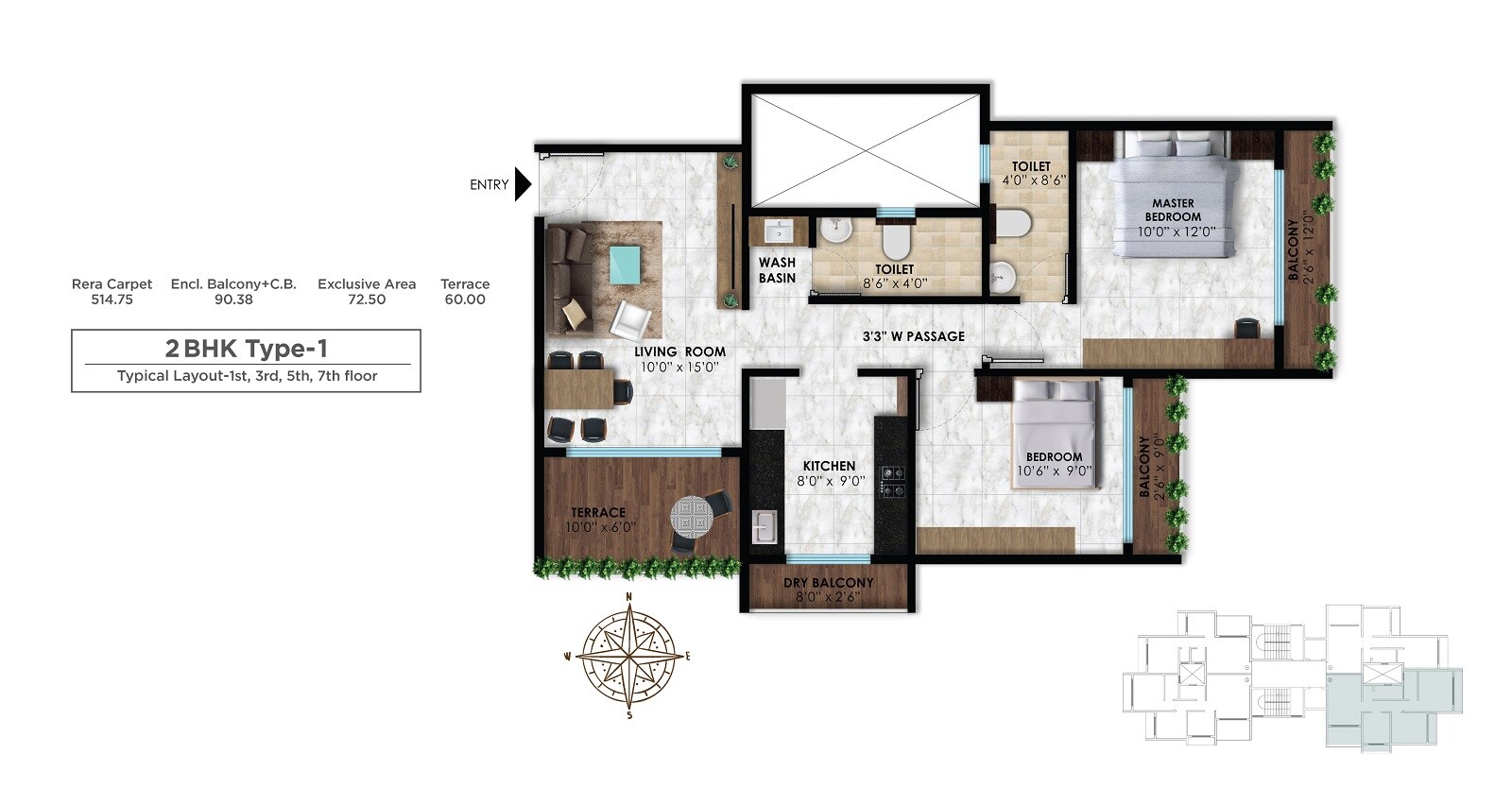 Floor plan of 2 BHK 515 Sq. Ft. Apartment in Technicon Pannash, Thane