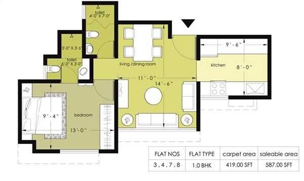 Floor plan of 1 BHK 587 Sq. Ft. Apartment in Terraform Everest Countryside Marigold, Thane