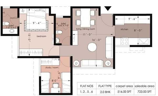 Floor plan of 2 BHK 723 Sq. Ft. Apartment in Terraform Everest Countryside Marigold, Thane