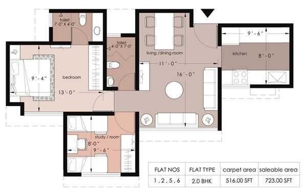 Floor plan of 2 BHK 516 Sq. Ft. Apartment in Terraform Petunia, Thane