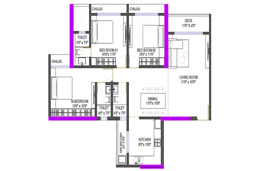 3 BHK 997 Sq. Ft. Apartment