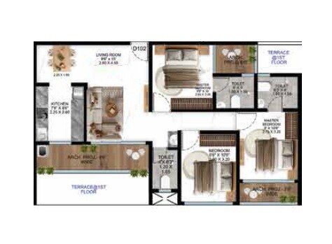 Floor plan of 3 BHK 779 Sq. Ft. Apartment in Thanekar BKC Paramount, Thane