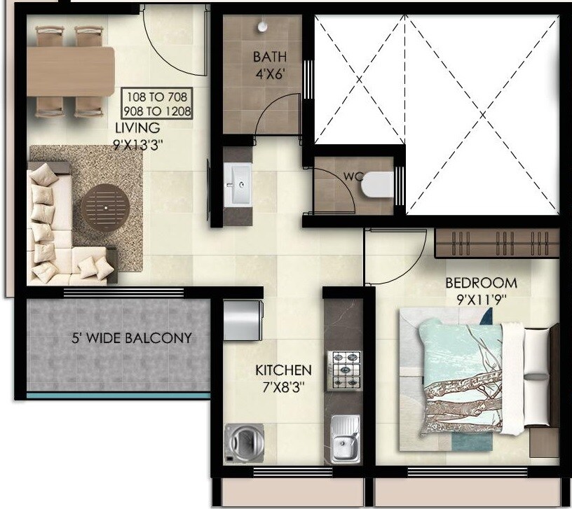 Floor plan of 1 BHK Apartment - 387 sq. ft. in Thanekar Civic, Thane
