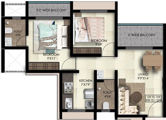 Floor plan of 2 BHK Apartment - 610 sq. ft. in Thanekar Civic, Thane
