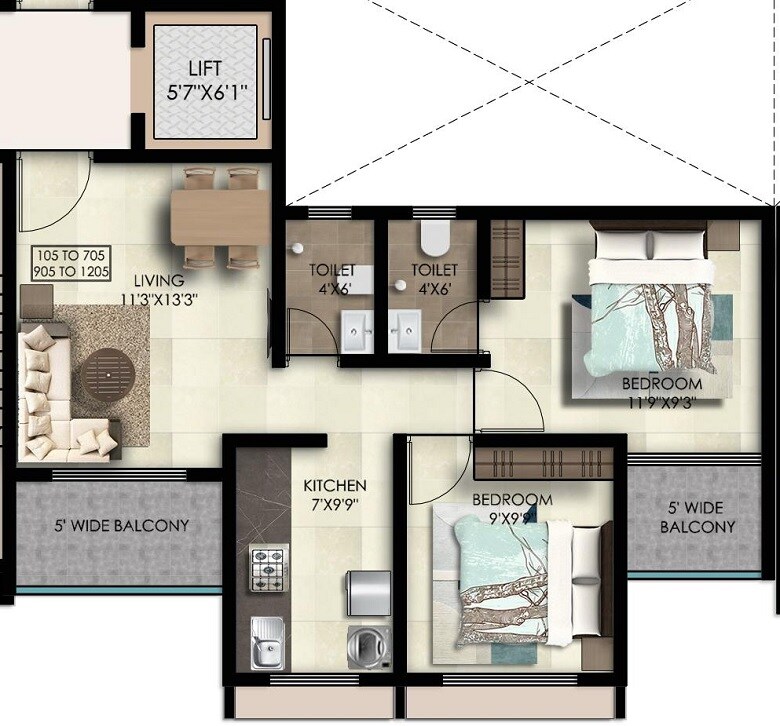 Floor plan of 2 BHK Apartment - 541 sq. ft. in Thanekar Civic, Thane