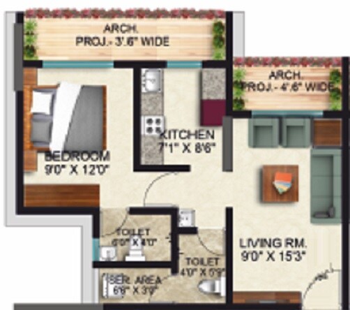 Floor plan of 1 BHK 495 Sq. Ft. Apartment in Thanekar Palacio, Thane