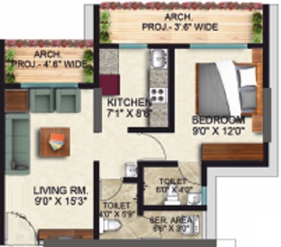Floor plan of 1 BHK 501 Sq. Ft. Apartment in Thanekar Palacio, Thane