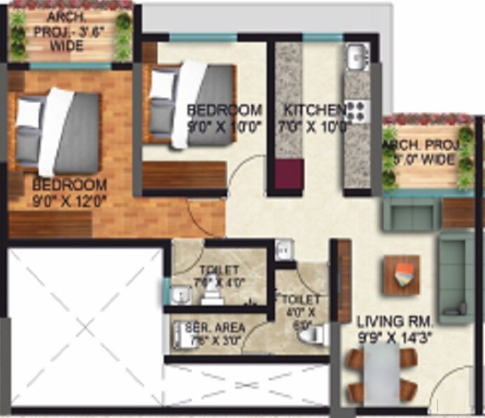 Floor plan of 2 BHK 650 Sq. Ft. Apartment in Thanekar Palacio, Thane