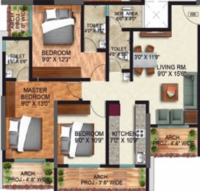 Floor plan of 3 BHK 804 Sq. Ft. Apartment in Thanekar Palacio, Thane