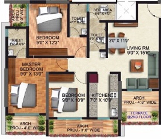 Floor plan of 3 BHK 895 Sq. Ft. Apartment in Thanekar Palacio, Thane