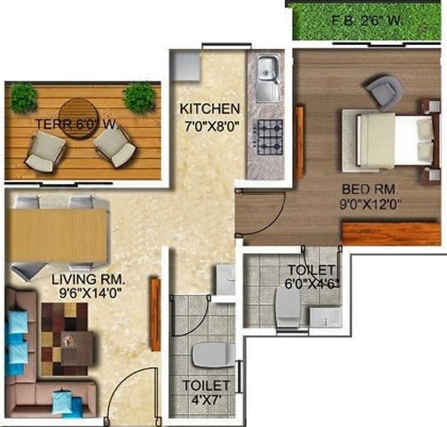 Floor plan of 1 BHK 415 Sq. Ft. Apartment in Thanekar Paradise, Thane