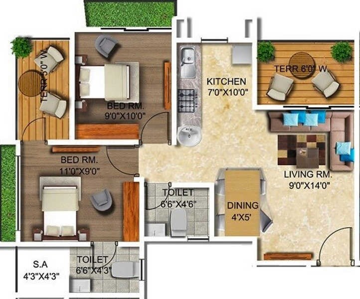 Floor plan of 2 BHK 398 Sq. Ft. Apartment in Thanekar Paradise, Thane