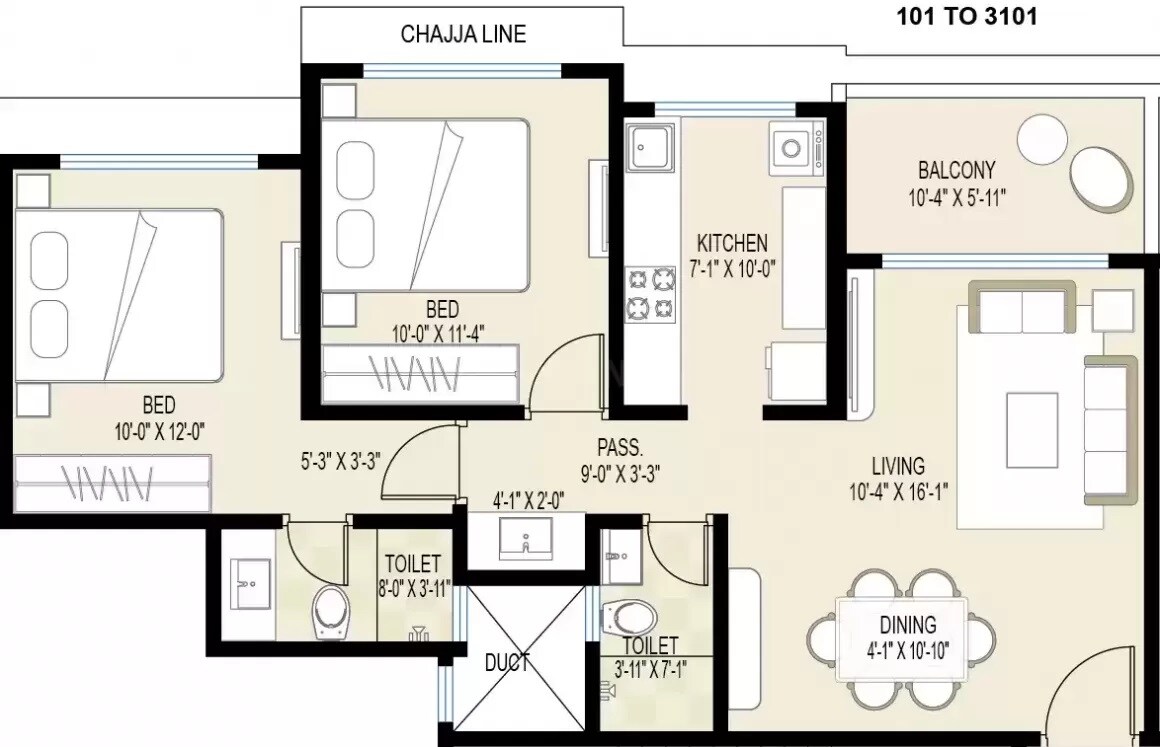 Floor plan of 2 BHK 724 Sq. Ft. Apartment in Tharwani Majestic Towers, Thane