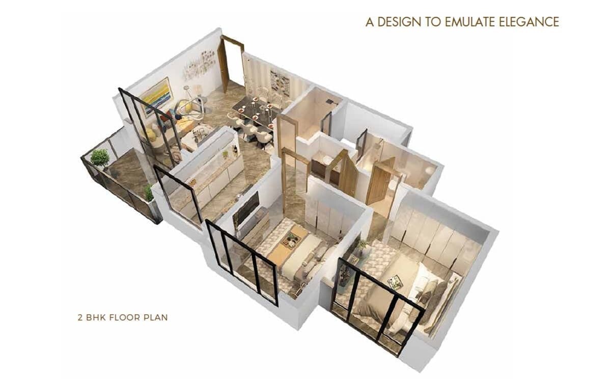 Floor plan of 2 BHK 728 Sq. Ft. Apartment in Tharwani Majestic Towers, Thane