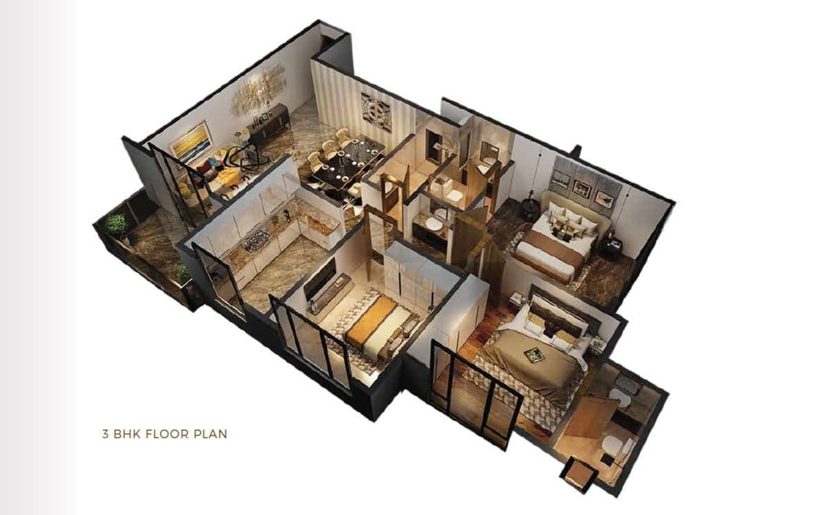 Floor plan of 3 BHK 1142 Sq. Ft. Apartment in Tharwani Majestic Towers, Thane