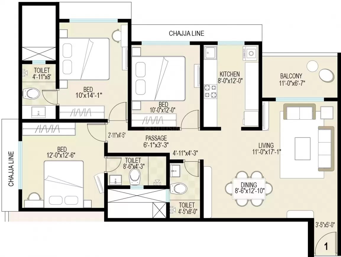 Floor plan of 3 BHK 1050 Sq. Ft. Apartment in Tharwani Majestic Towers, Thane
