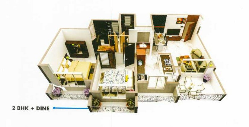Floor plan of 2 BHK 765 Sq. Ft. Apartment in Tharwani Meghna Montana, Thane