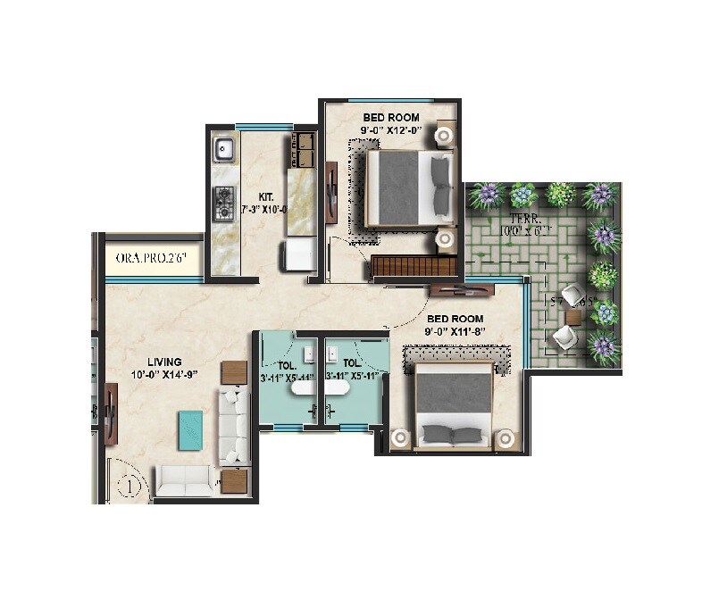 2 BHK 395 Sq. Ft. Apartment