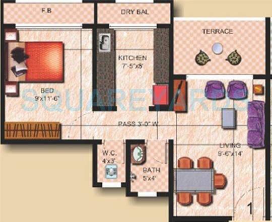 Floor plan of 1 BHK 674 Sq. Ft. Apartment in Tharwani Ritu World, Thane