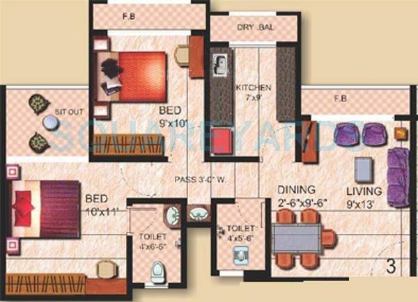 Floor plan of 2 BHK 865 Sq. Ft. Apartment in Tharwani Ritu World, Thane