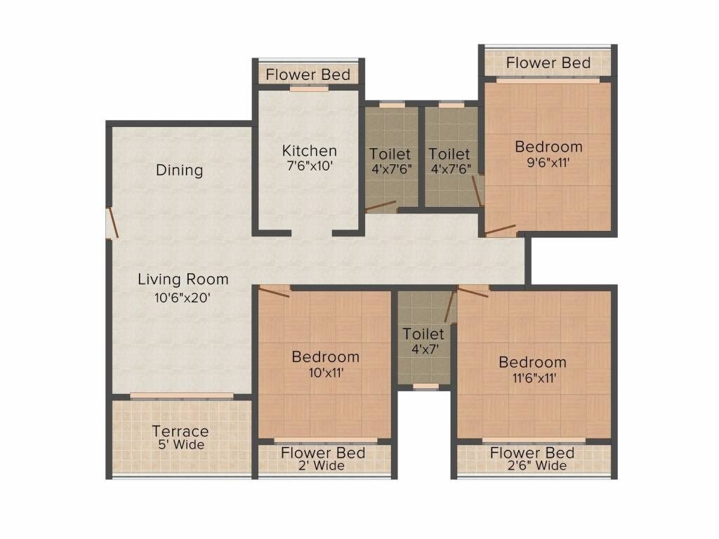 Floor plan of 3 BHK 1420 Sq. Ft. Apartment in Tharwani Riverdale Vista, Thane