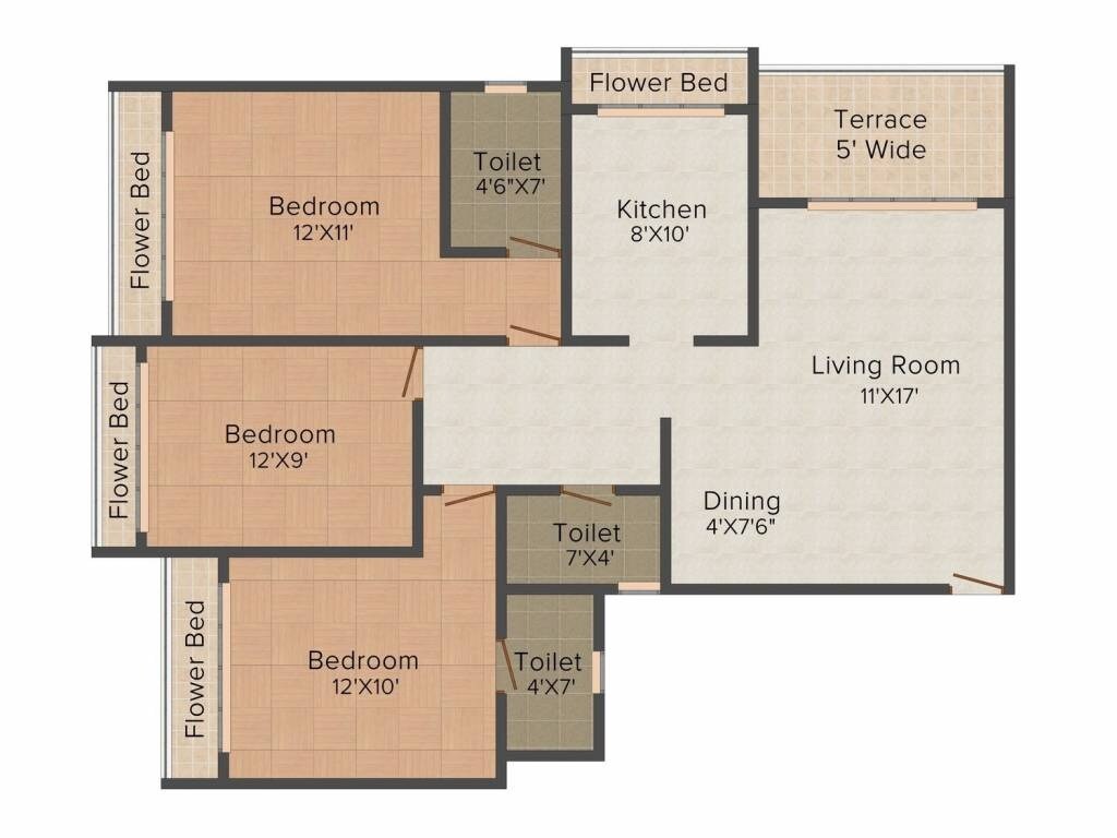 Floor plan of 3 BHK 1495 Sq. Ft. Apartment in Tharwani Riverdale Vista, Thane