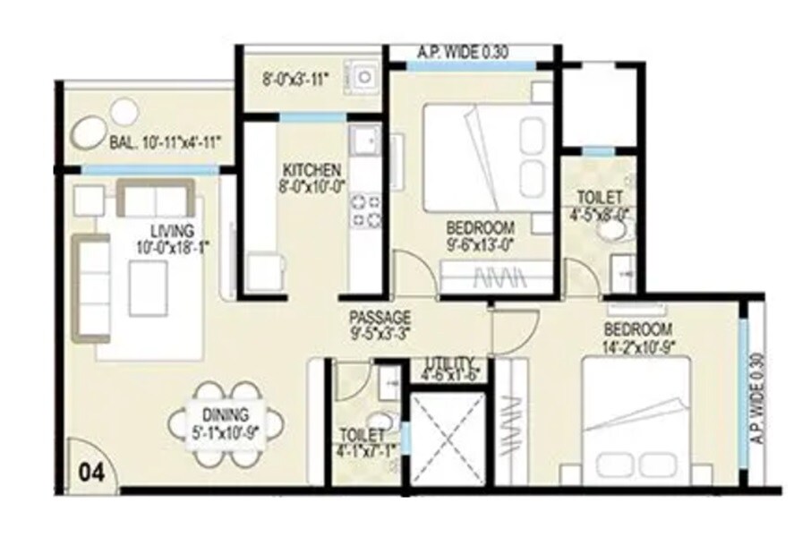 Floor plan of 2 BHK 664 Sq. Ft. Apartment in Tharwani Solitaire Phase IV, Thane