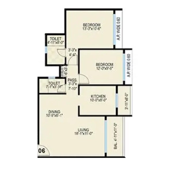 Floor plan of 2 BHK 785 Sq. Ft. Apartment in Tharwani Solitaire Phase IV, Thane
